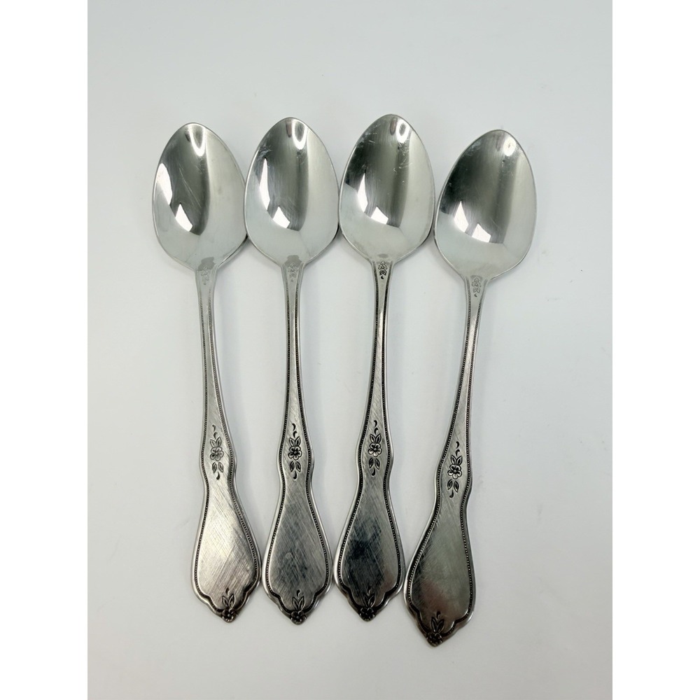 Vintage Oneida Morning Blossom Teaspoons 6" Stainless Burnished Lot Of 4